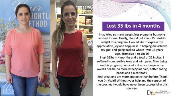 Ani lost 35 lbs in 4 months. She has more energy & loves her body!