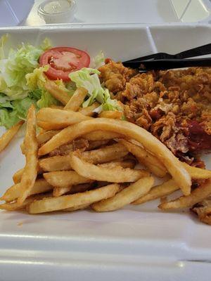 No gravy and more breading then meat. Fries are soaked in salt and cold.