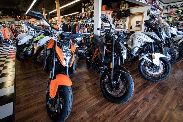 We are a full-service KTM street dealer! That means we have everything from the 390 Duke to the full featured 1290 Super Adventure in stock.