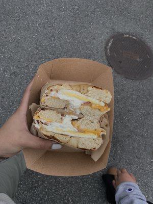 Bacon egg and cheese bagel with cream cheese