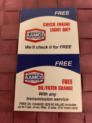 SPECIAL DEALS - Check Engine Light On? We'll Check it for Free.  FREE OIL/FILTER CHANGE with any Transmission Service.