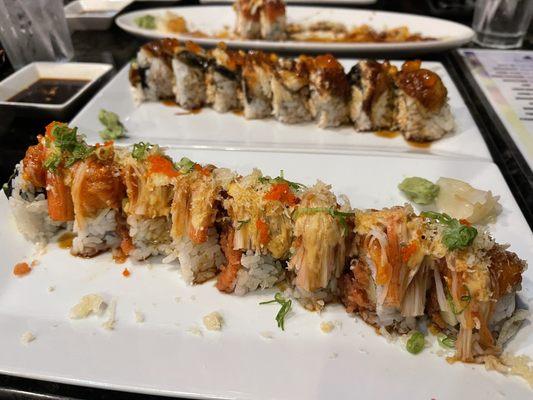 Fire Cracker Roll. Spicy tuna, cucumber, spicy salmon, crab stick, and masago