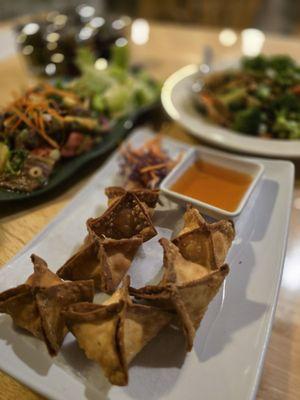 Thai food:  won tons, chicken pad see eww, Thai beef salad