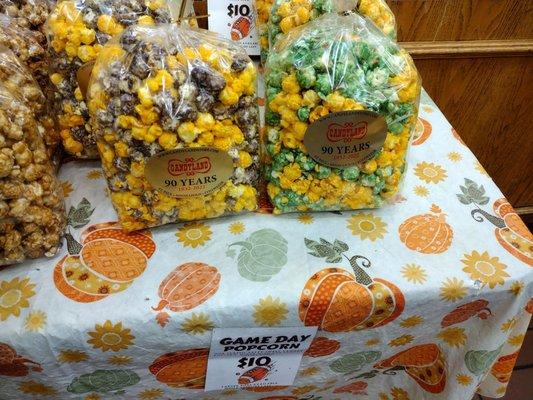 Viking and Green Bay Packer popcorn available on their game days.