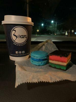 Funky monkey coffee, macaroon and rainbow