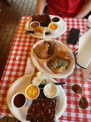 1/3 rack with brisket sandwich dinner and 1/3 rack with pulled pork sandwich dinner