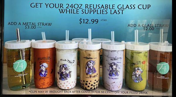 24oz Glass Cup - While Supplies Last -  Glass cup can be brought back to to be reused AFTER Covid-19  for a 50 cents off your drink.