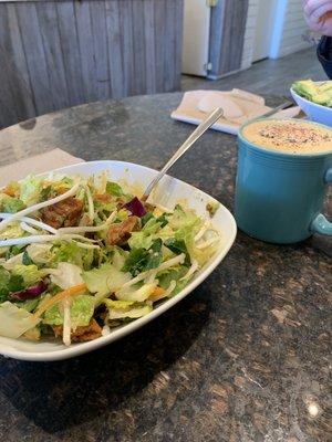 Spiced vegan salad and Rose lavender latte with Almond Milk