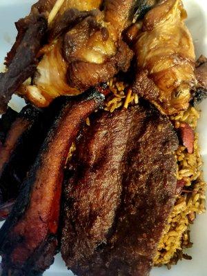 Bone-in spare ribs, beef teriyaki, chicken wings, and pork fried rice. Combo plate #27.