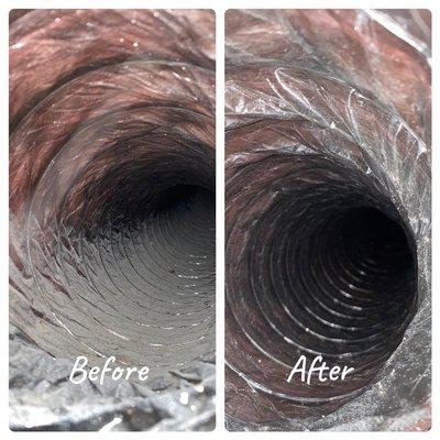 Before and after photo of dirty air duct. This layer of dust in your air system may be causing your allergies!