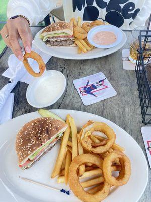 Jalapeño burger, onion rings, french fries.