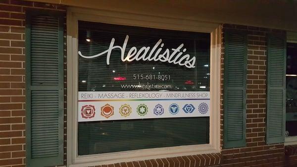 Front window at Healistics Massage and Mindfulness Shop