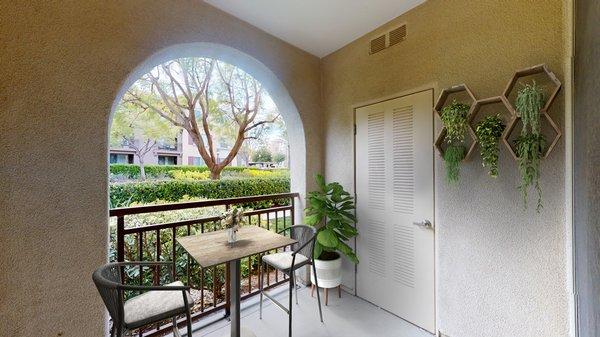 Patio overlooking community courtyard.