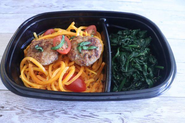 Turkey patty with butternut squash zoodle and sauteed spinach