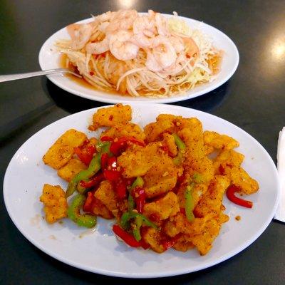 Front: Fried Squid
 Back: Papaya Salad (with shrimp)