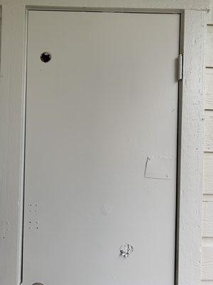 More holes in door from golf balls. Some already patched, so this has been an issue for waaaay too long.