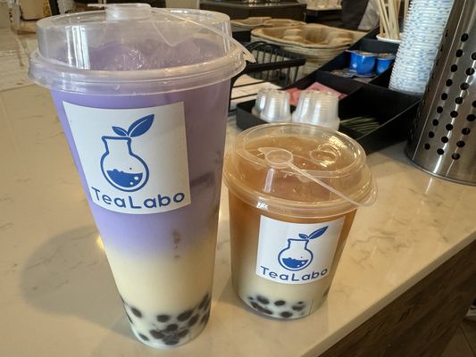 Taro latte and chai latte both with oat milk and boba!