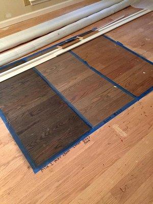 Lux provided large "swatches" of the stains we were considering on the actual installed wood flooring to make the selection easier.