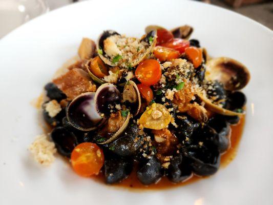 Squid Ink Orecchiette with Clams, Pork Belly and Tanuki fermented jalapeno miso broth