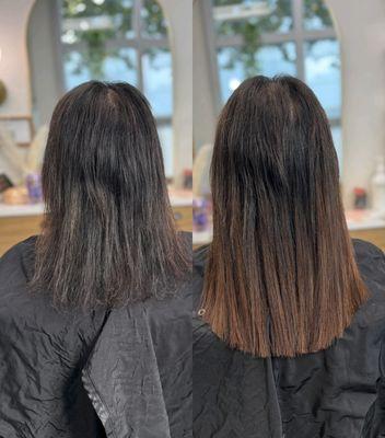 Partial length treatment to add fun copper highlights and fullness to her hair with hair extensions.