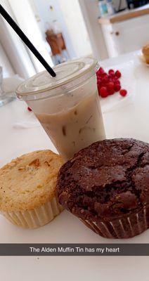 Lemon coconut muffin, chocolate salted Carmel muffin and iced coffee with a paper straw!