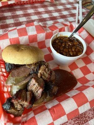 Burnt Ends & Sausage. Beans. Happy.