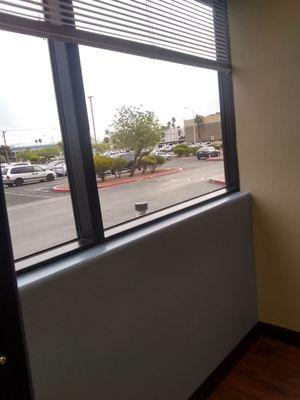 View from the blood draw chair looking out into the main parking lot