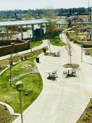 The view from Inpatient Facility building level 2. Outside seating area