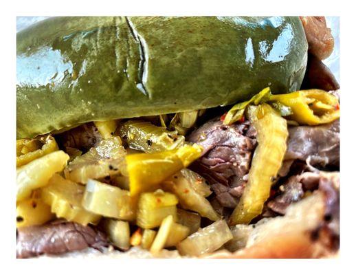 Classic Italian Beef Sandwich w/Sweet,Hot Peppers & Cheese and Deep.Mr.Beef.Chicago, IL Old School Chicago Fast Food Place.Cool!