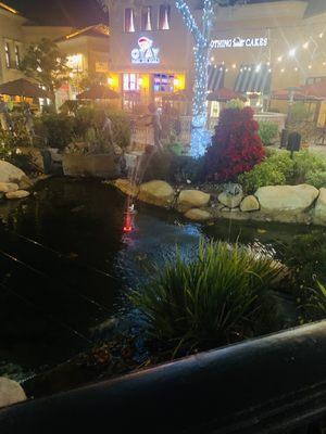 Cute pond with Koi and walking bridge on the foot path