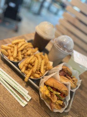 Bourbon Bacon Jam Burger & SmokeShack Burger, fries with a Root  Beer Float, OREO Cookie Funnel Cake Shake and Lemonade