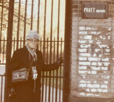 Papi at the door of Pratt Institute, in Brooklyn, NY. 1971.