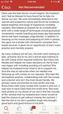 We are not sure why YELP marked this review by Allison Z. as "Not Recommended" of Doula Clara.  So, we posted it here for people to read.