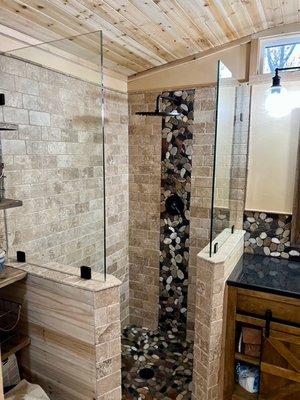 Small Rustic Shower with glass side panels.  Glass provided by Kenny Glass, Columbus, Indiana