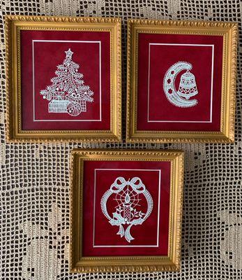 Framed lace ornaments from Burano (Venice), Italy