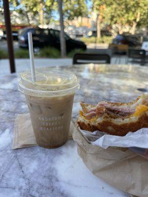 Iced Brown sugar latte with almond milk and the breakfast sandwich