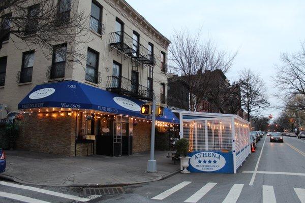 Our beautiful outdoor seating with romantic lights and heaters.