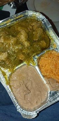 Pork with green sauce rice and bean dinner