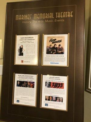 Upcoming schedule of events at the Marines’ Memorial Theatre in San Francisco.