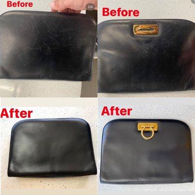 Before and after leather bag cleaned, and fixed, no more scratches.