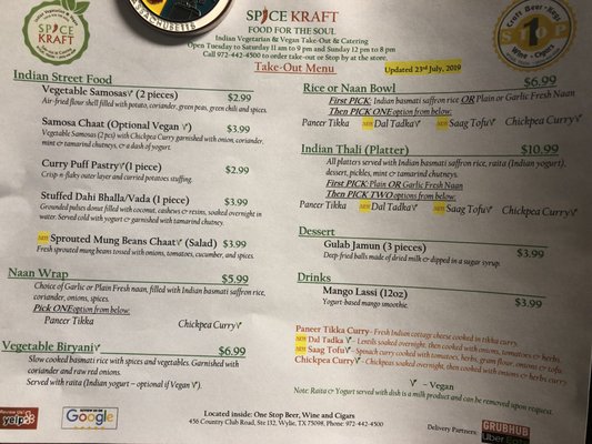 Spice Kraft menu