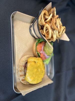 Brisket smash burger and house made curly fry