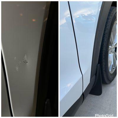 Before/after pic of my dent fixed by Chris