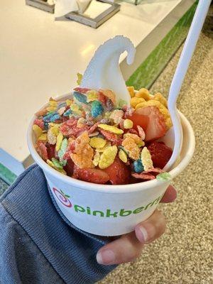 Small Original with Strawberries, Fruity Pebbles and Captain Crunch for toppings