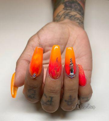 Colored Acrylic, encapsulated nail art, coffin shape with Swarovski design. Long length.