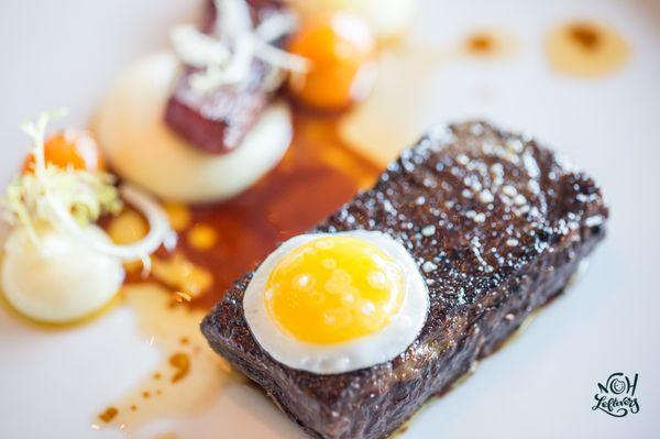 Snake River Farms "Calotte De Bceuf" | Dry-Aged Beef "Chorizo" | Sunny Side Up Quail Egg | "Pommes Purée | Marinated Sungold Tomatoes