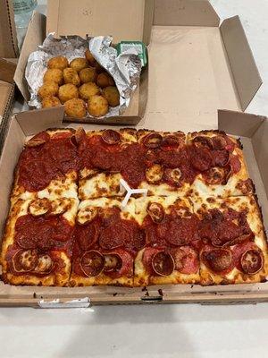 Detroit Style Double Pepperoni and Quepapas which are now a must order.