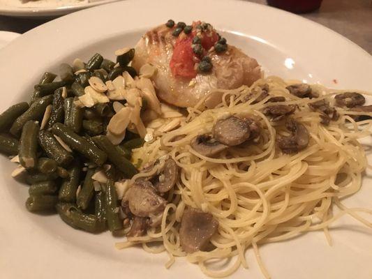 Lemon pepper cod w/green beans almandine and capellini with mushrooms. Got it two weeks ago and today and still great!