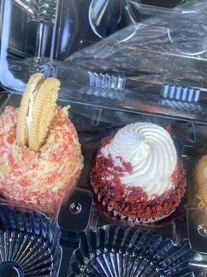 Strawberry Strawberry cookie crunch cupcake, Red Velvet Cupcake, and peanut butter cupcake