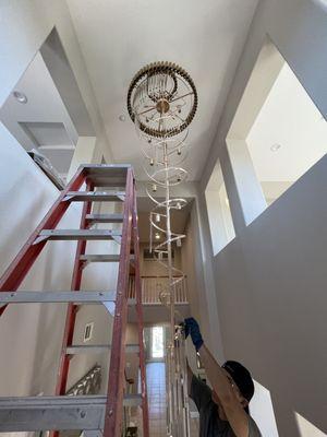 150 lb  chandelier with 300 crystals installation process